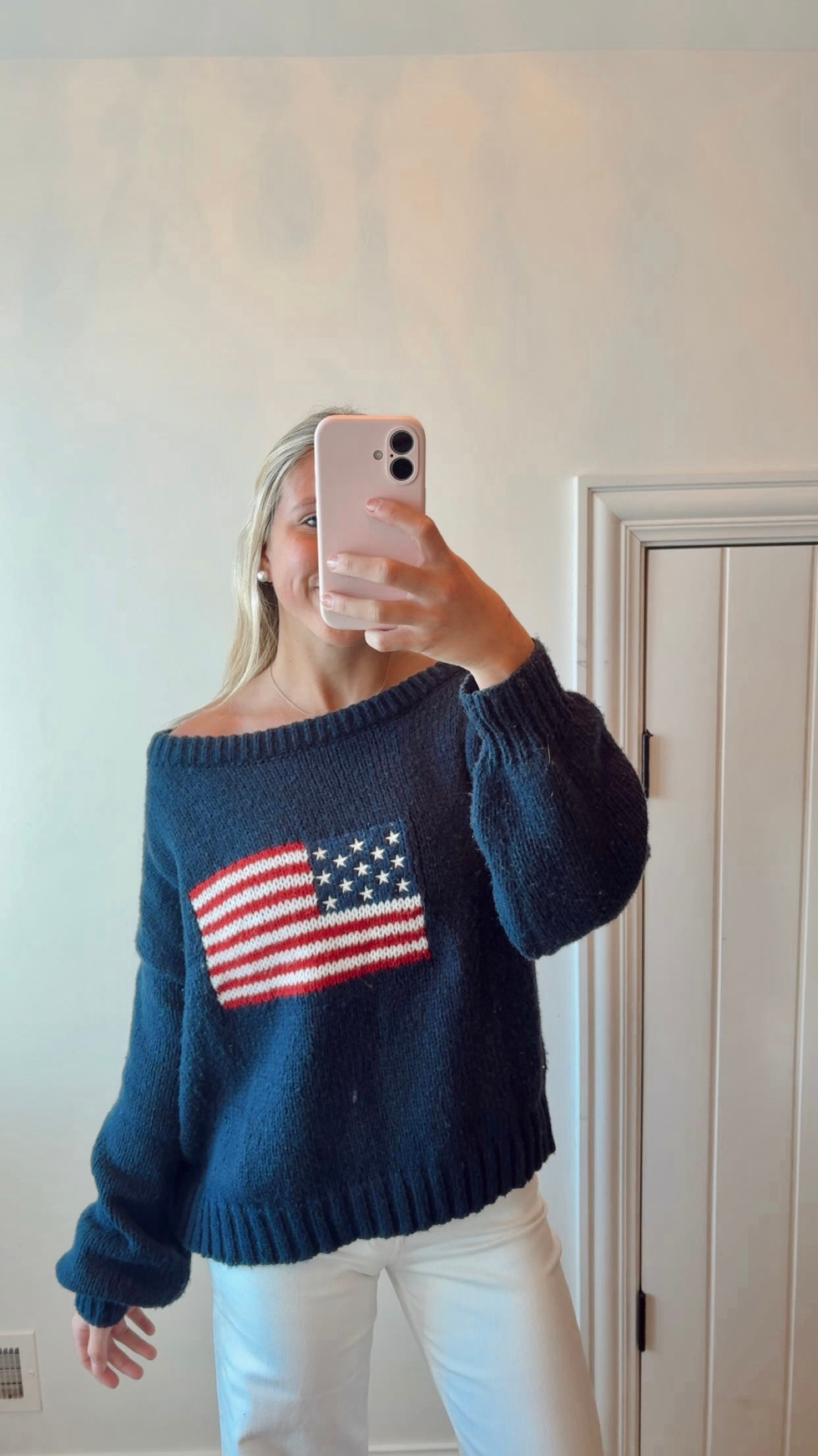 American flag off the shoulder sweater