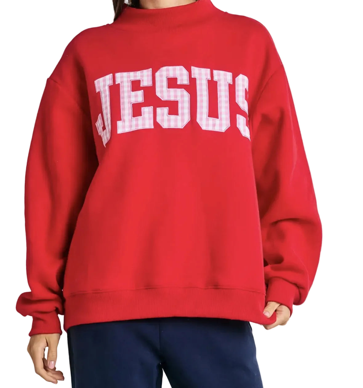 Red Gingham Jesus Mock Neck