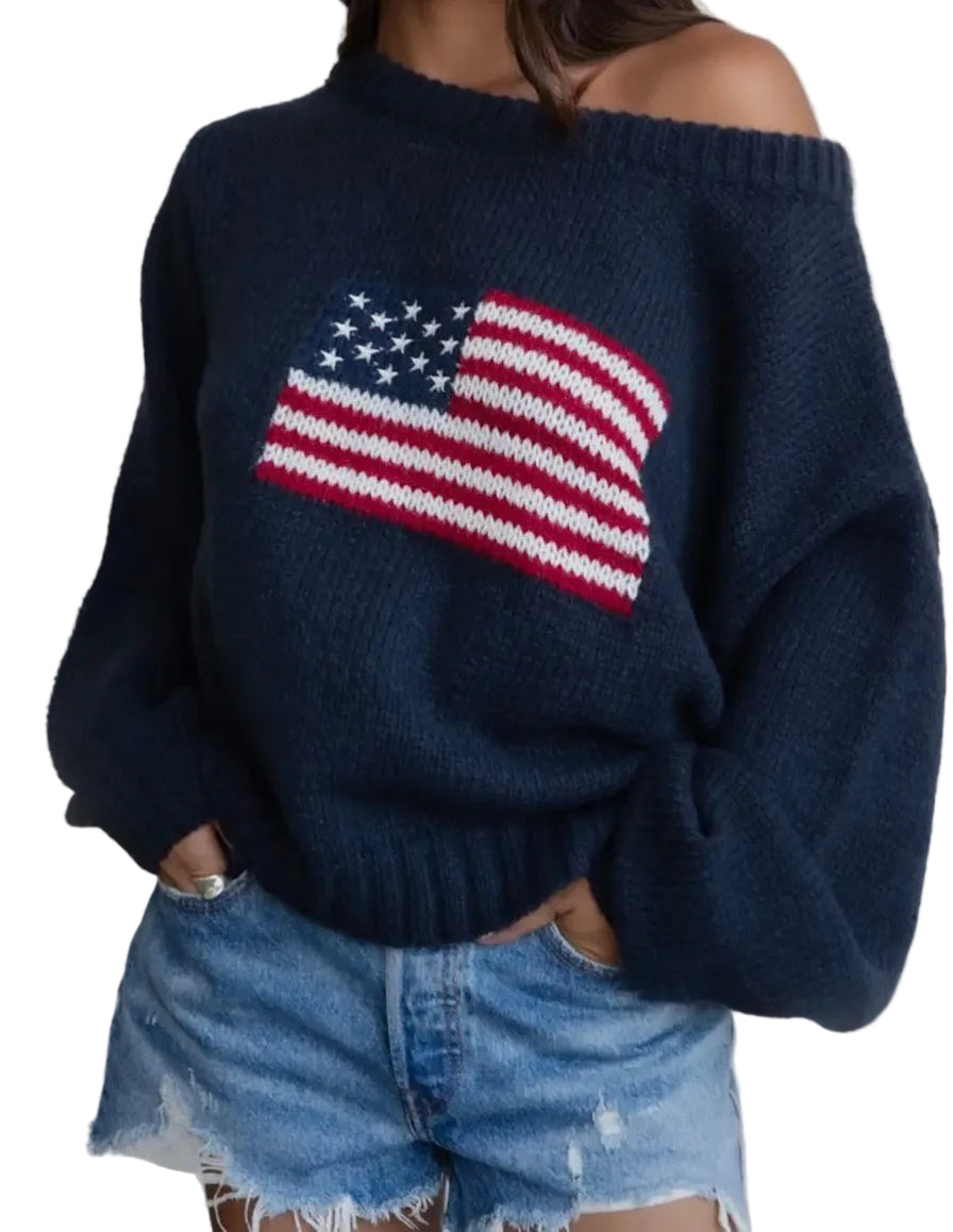 American flag off the shoulder sweater