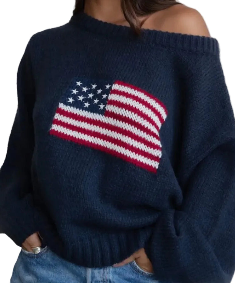 American flag off the shoulder sweater