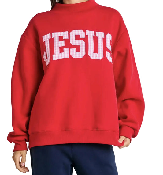 Red Gingham Jesus Mock Neck