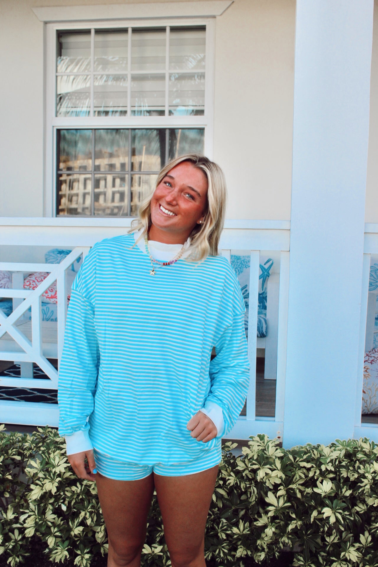 Striped Blue Mock Neck Set